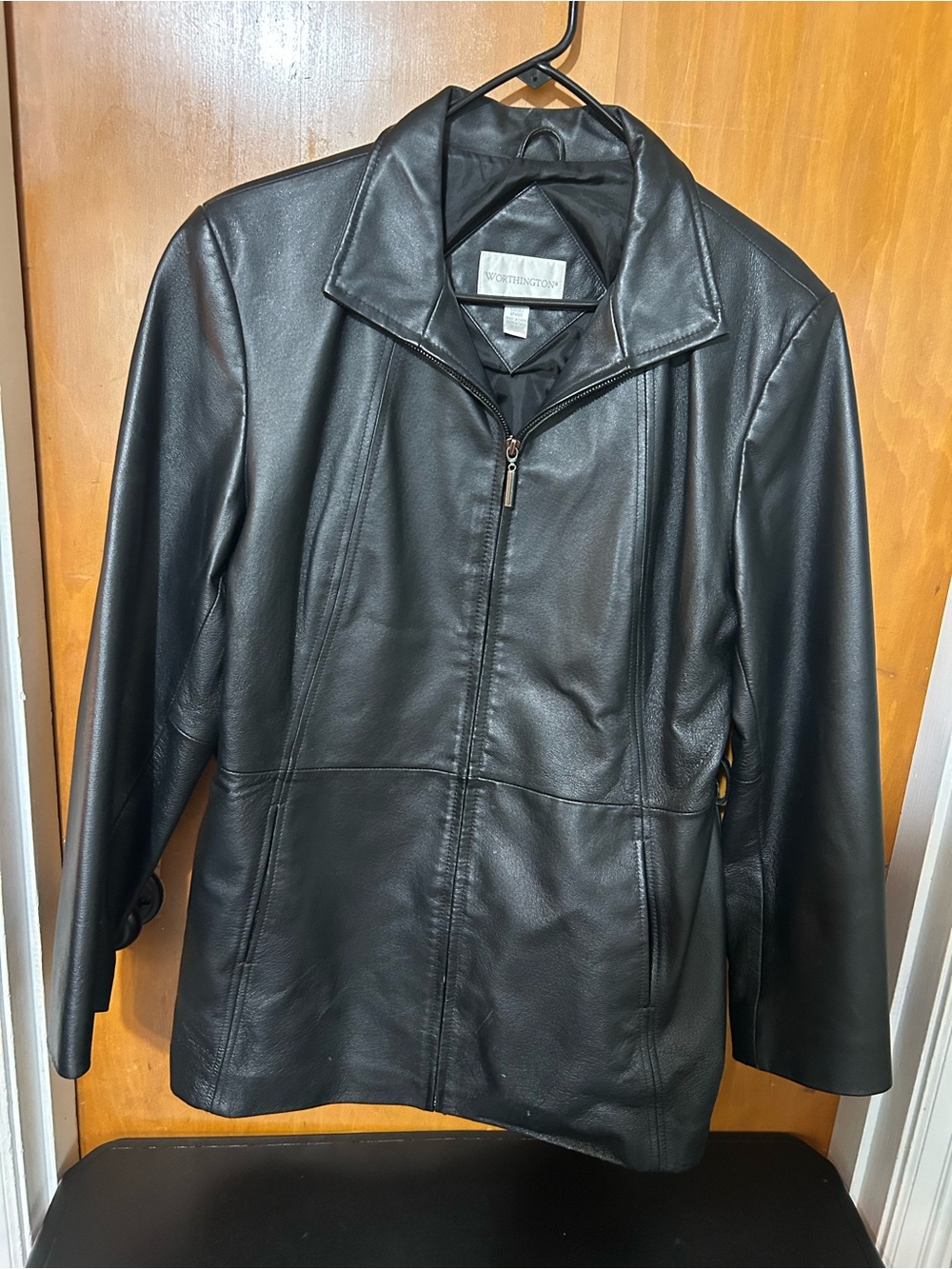 Worthington Black Genuine Nappa Leather Belted Jacket Coat